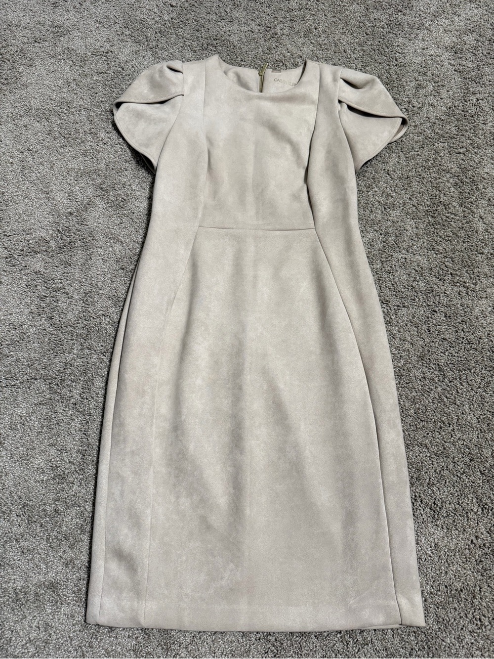 Calvin Klein Light Gray Puff-Sleeve Sheath Midi Dress